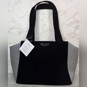 Jimmy Choo Tote Bag Black Velvet Silver Glitter Carry Overnight Velvet  15x5x12”
